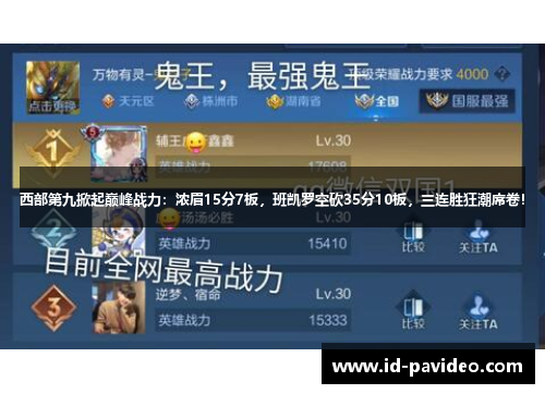 西部第九掀起巅峰战力：浓眉15分7板，班凯罗空砍35分10板，三连胜狂潮席卷！