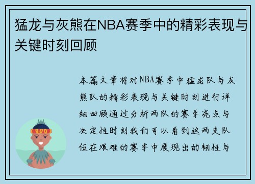 猛龙与灰熊在NBA赛季中的精彩表现与关键时刻回顾